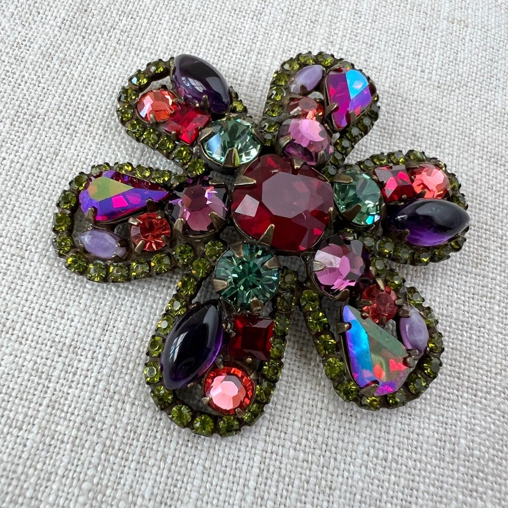 VTG Sorrelli SIGNED Flower Swarovski Crystal, Aurora Borealis Statement Brooch